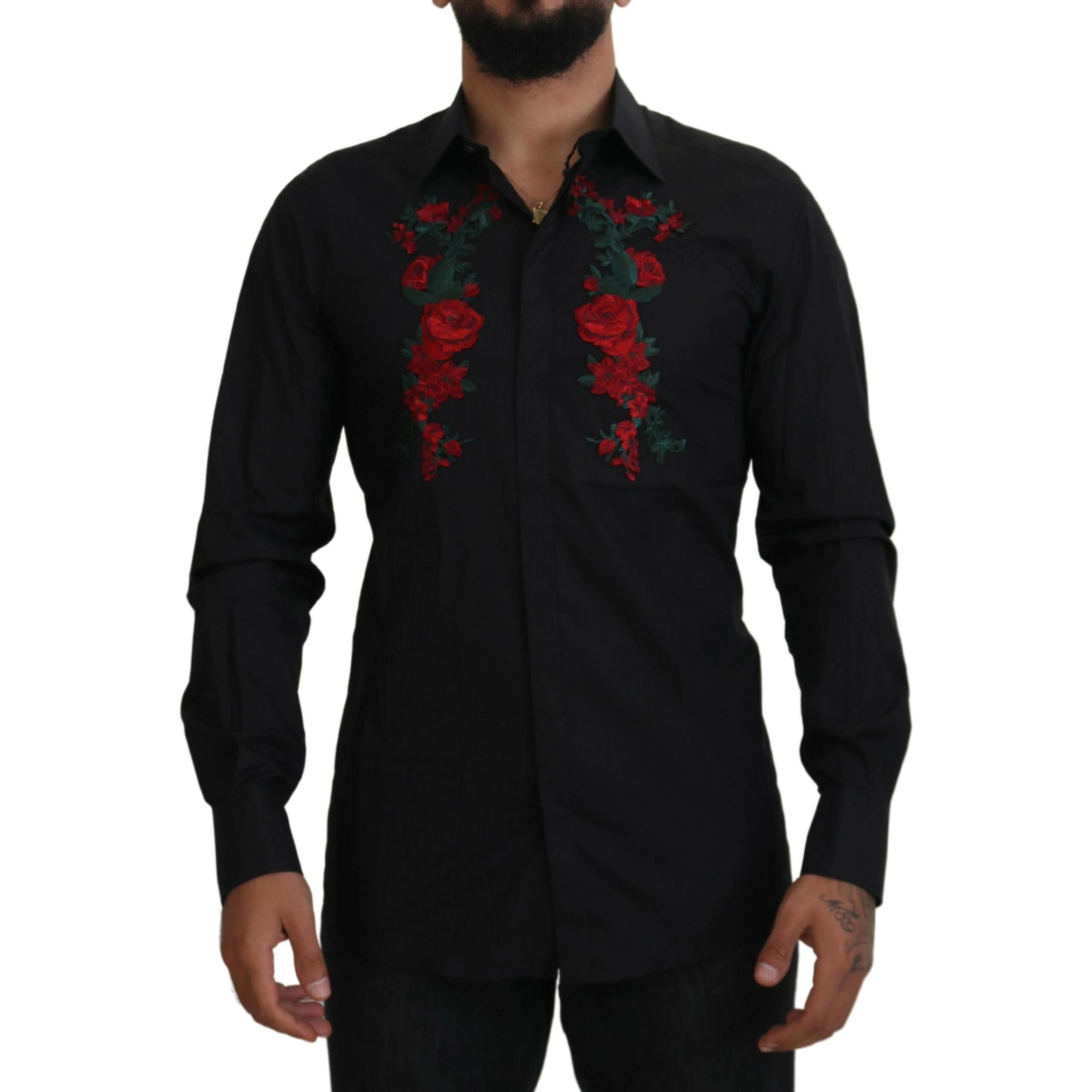Black Floral Embroidery Men Long Sleeves GOLD Shirt