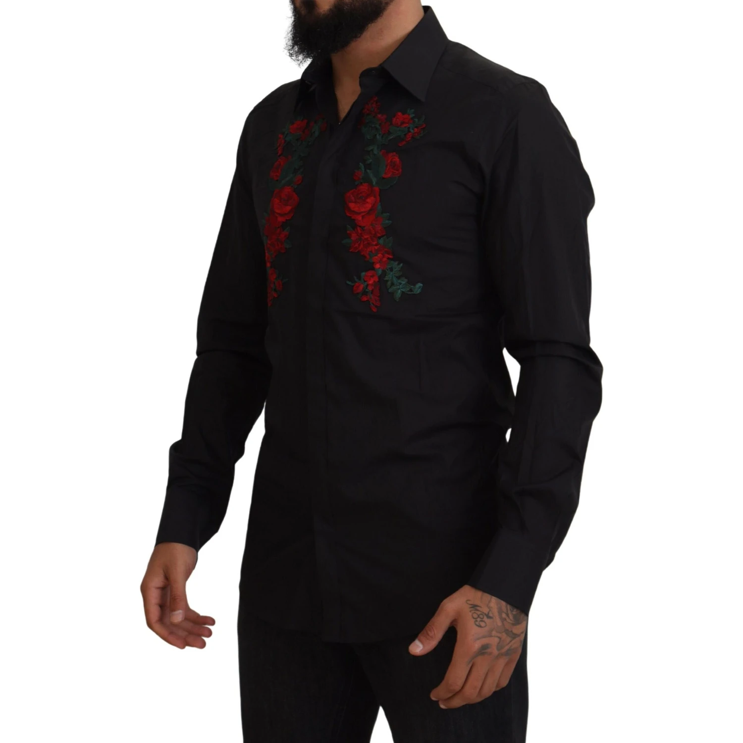 Black Floral Embroidery Men Long Sleeves GOLD Shirt