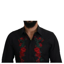 Black Floral Embroidery Men Long Sleeves GOLD Shirt