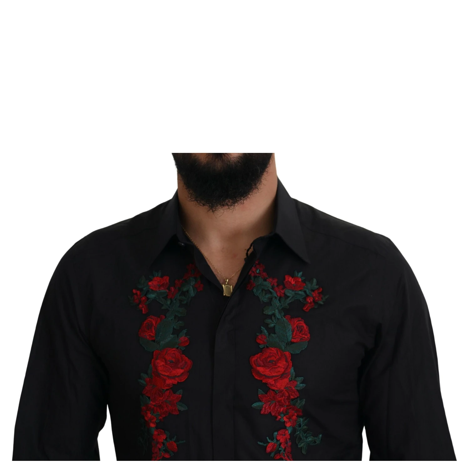 Black Floral Embroidery Men Long Sleeves GOLD Shirt
