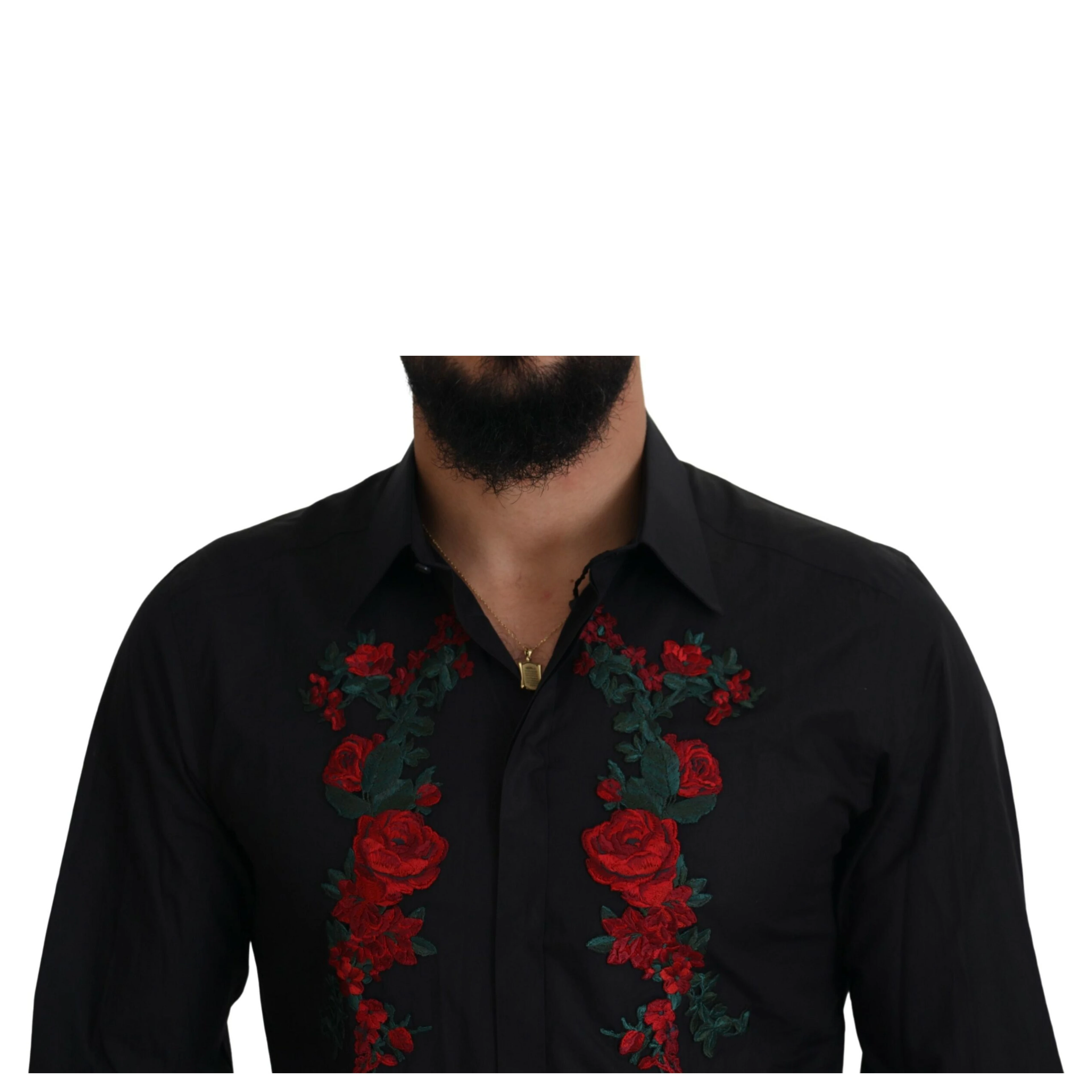 Black Floral Embroidery Men Long Sleeves GOLD Shirt
