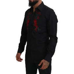 Black Floral Embroidery Men Long Sleeves GOLD Shirt