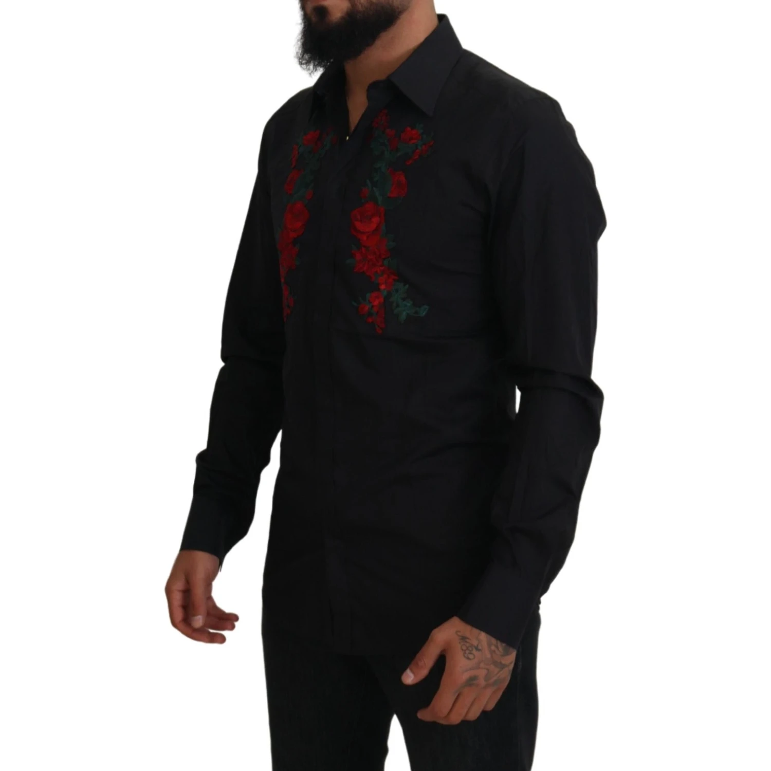 Black Floral Embroidery Men Long Sleeves GOLD Shirt