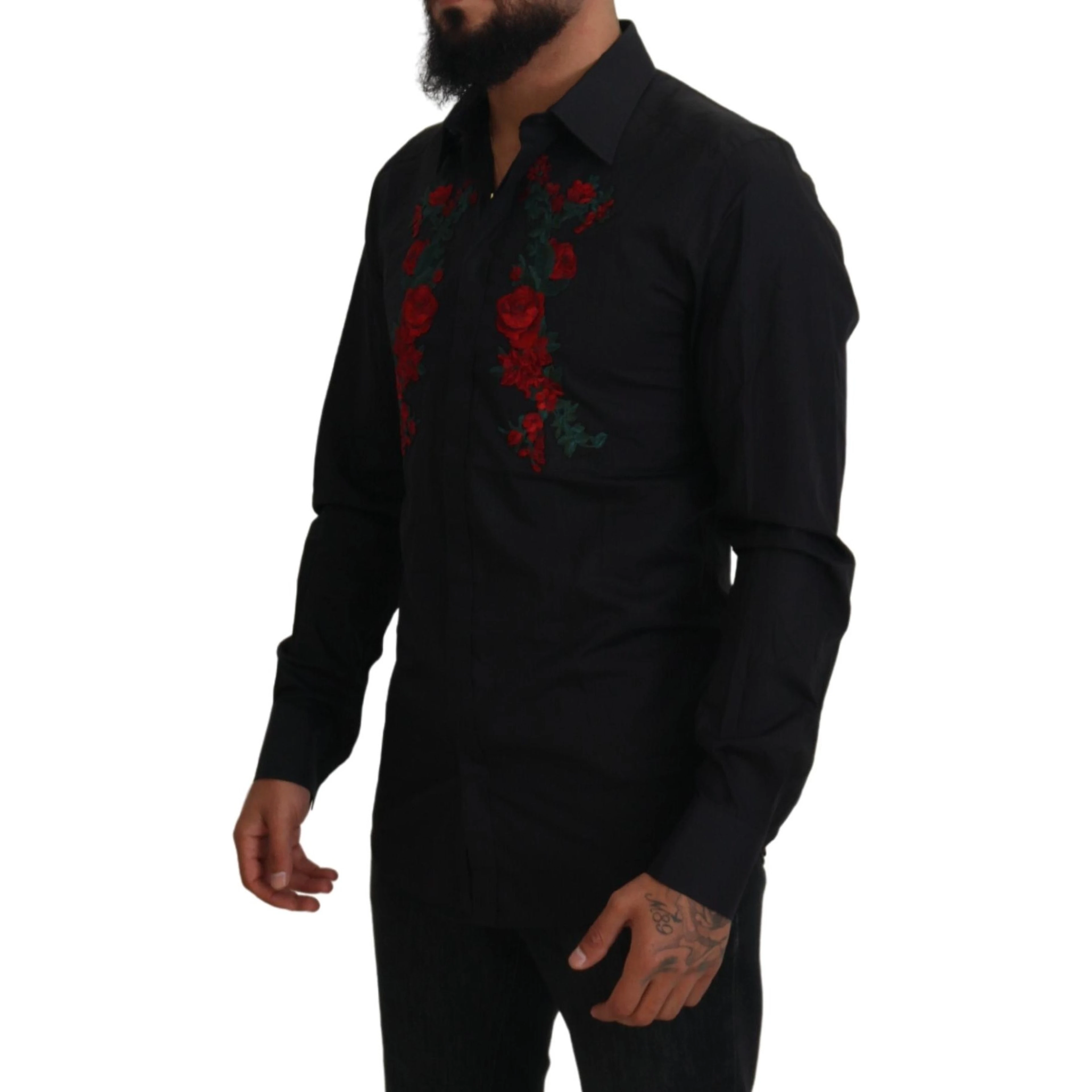 Black Floral Embroidery Men Long Sleeves GOLD Shirt