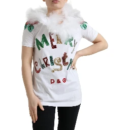 White Cotton Christmas Sequin Fur T-shirt