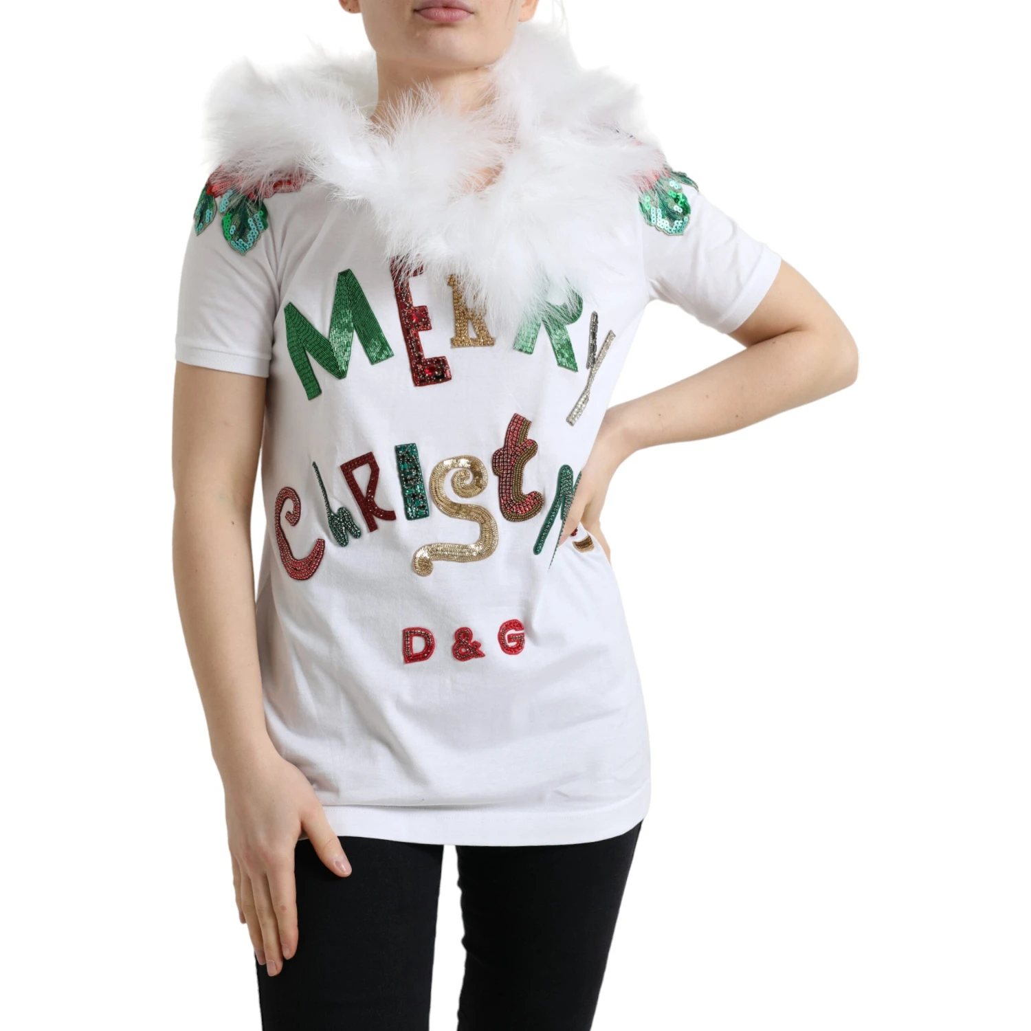 White Cotton Christmas Sequin Fur T-shirt