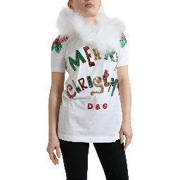 White Cotton Christmas Sequin Fur T-shirt