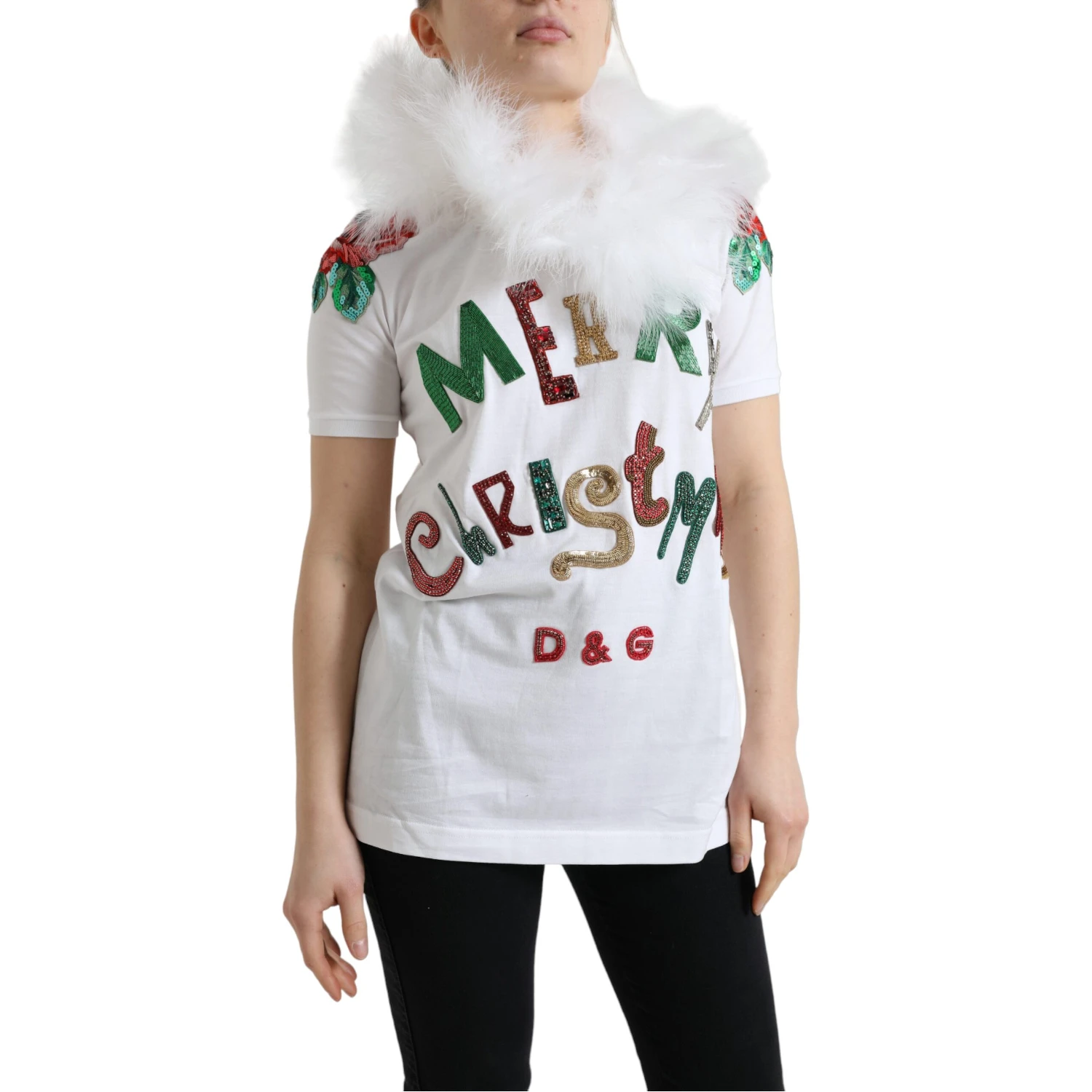 White Cotton Christmas Sequin Fur T-shirt