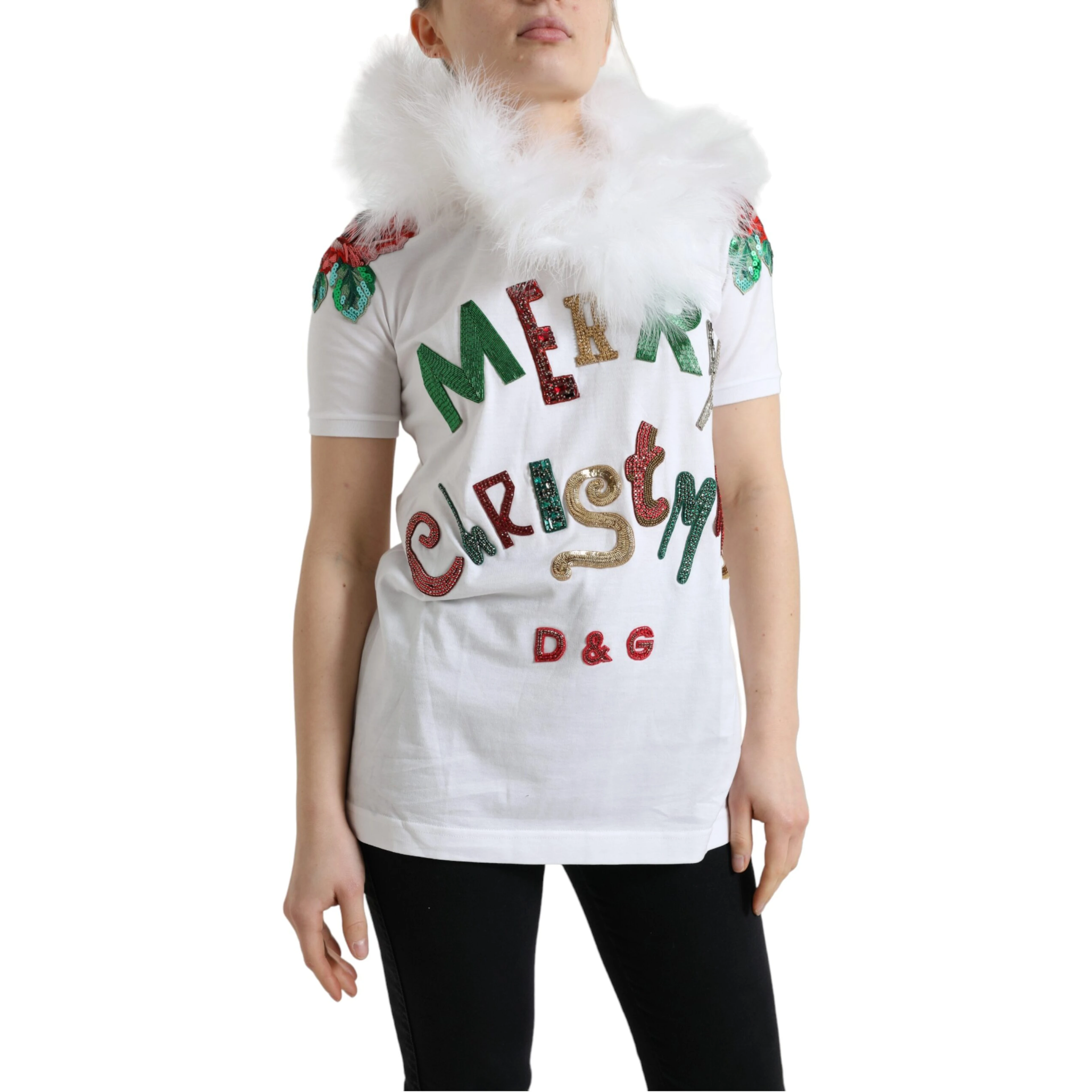 White Cotton Christmas Sequin Fur T-shirt