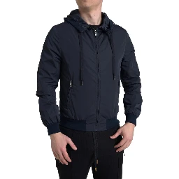 Blue Hooded Logo Polyester Full Zip Sweater