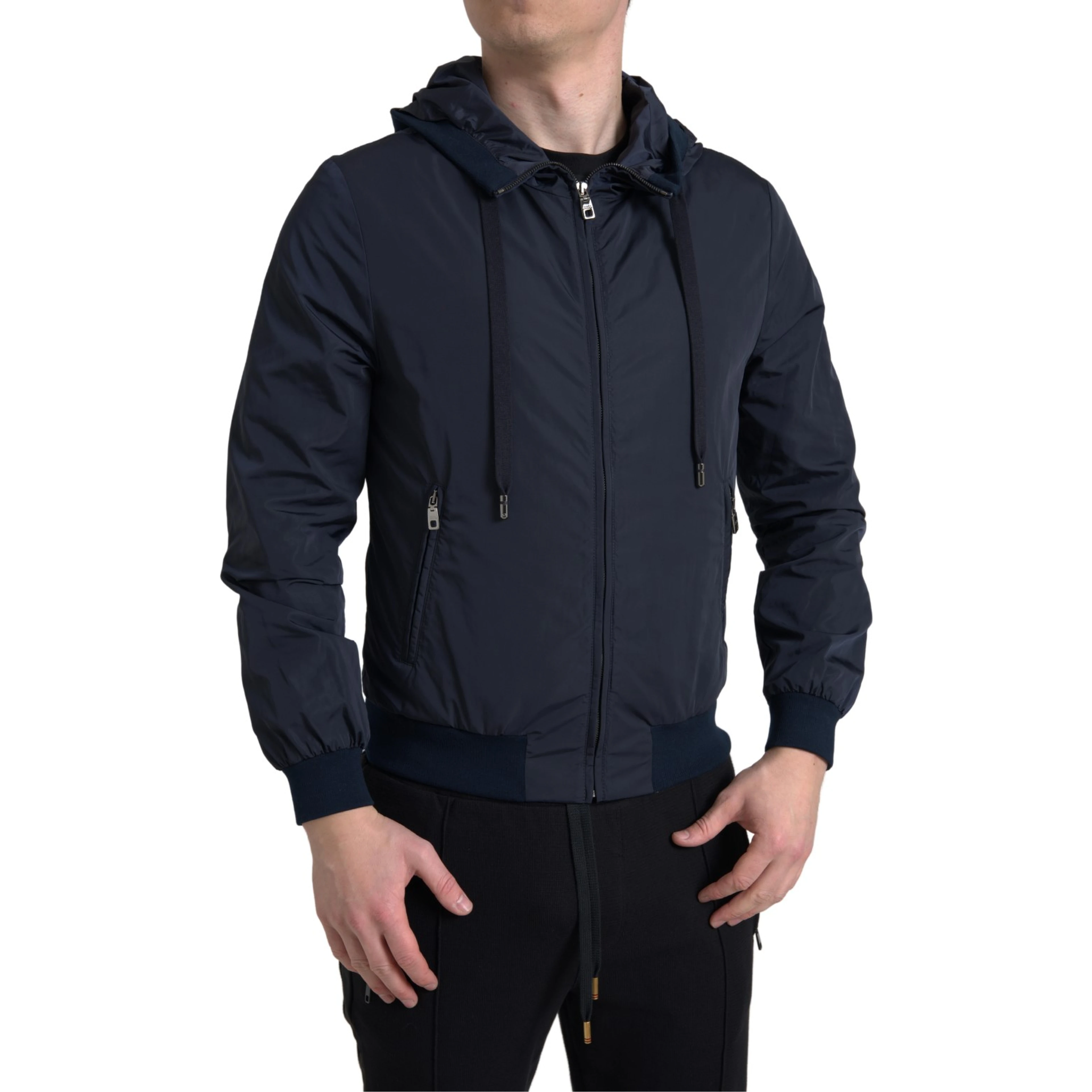 Blue Hooded Logo Polyester Full Zip Sweater