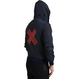 Blue Hooded Logo Polyester Full Zip Sweater
