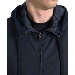 Blue Hooded Logo Polyester Full Zip Sweater
