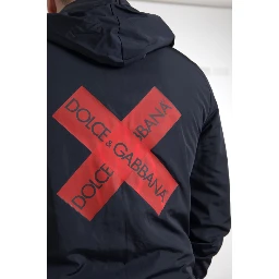 Blue Hooded Logo Polyester Full Zip Sweater