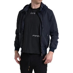Blue Hooded Logo Polyester Full Zip Sweater