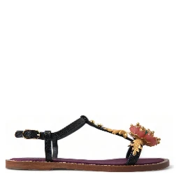 Black Crystal Gold Sandals Leather Shoes