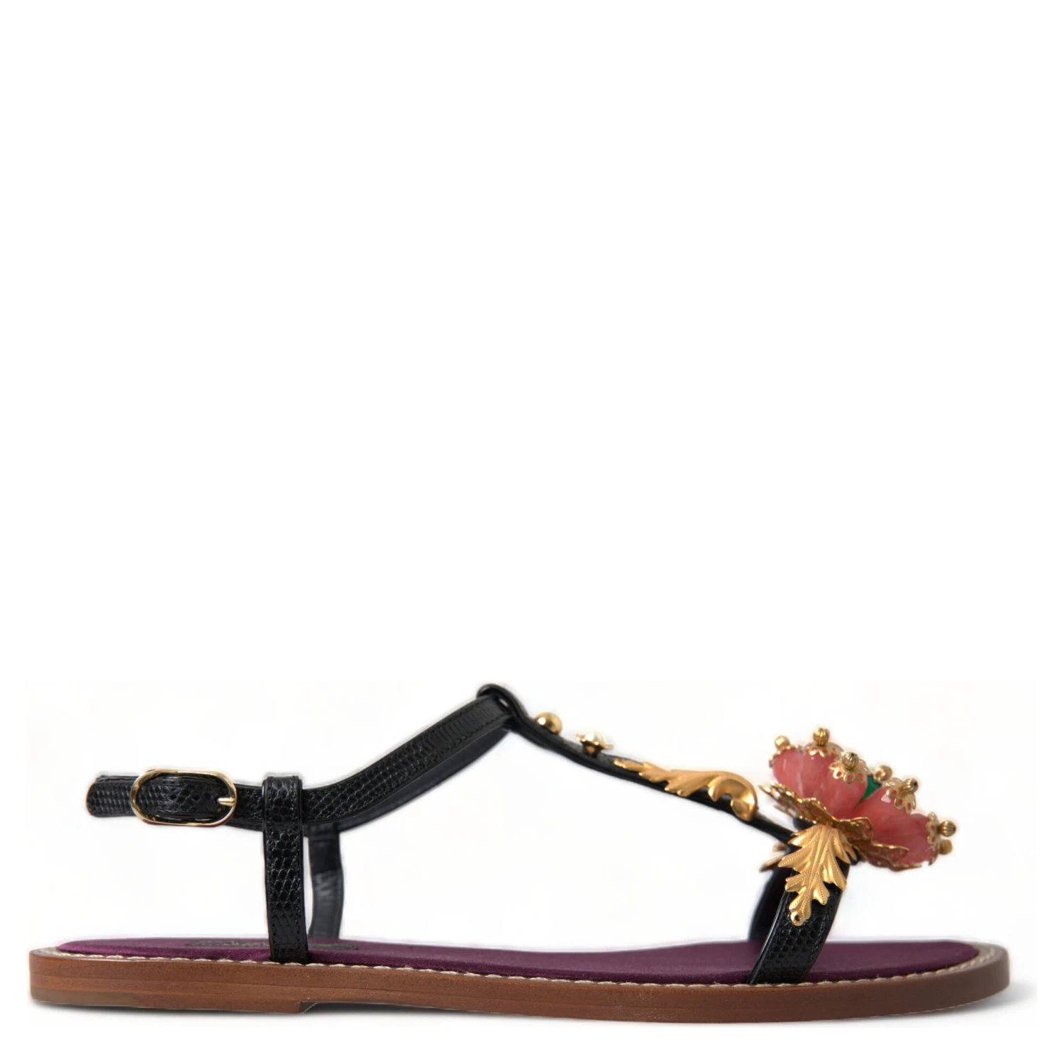 Black Crystal Gold Sandals Leather Shoes
