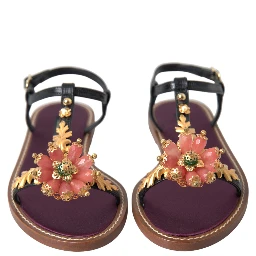 Black Crystal Gold Sandals Leather Shoes