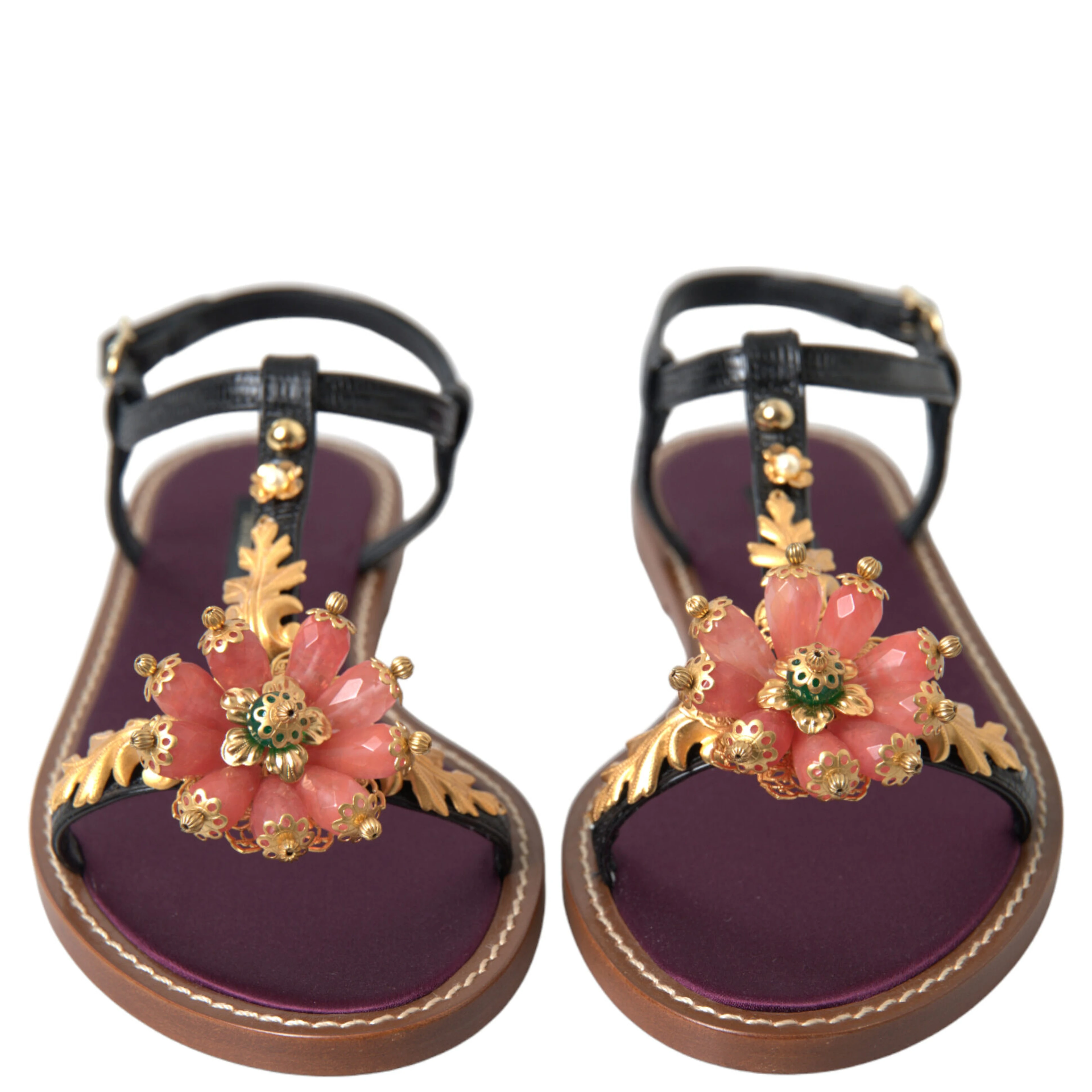 Black Crystal Gold Sandals Leather Shoes