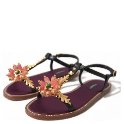 Black Crystal Gold Sandals Leather Shoes