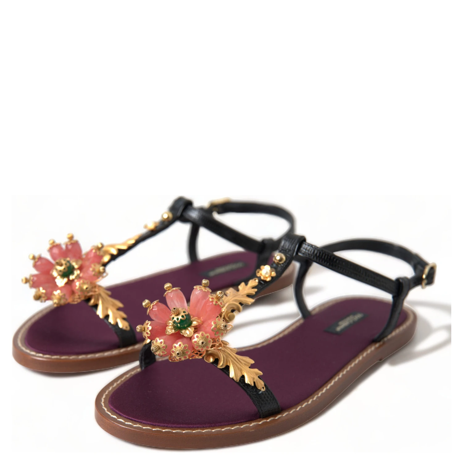 Black Crystal Gold Sandals Leather Shoes