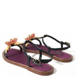 Black Crystal Gold Sandals Leather Shoes