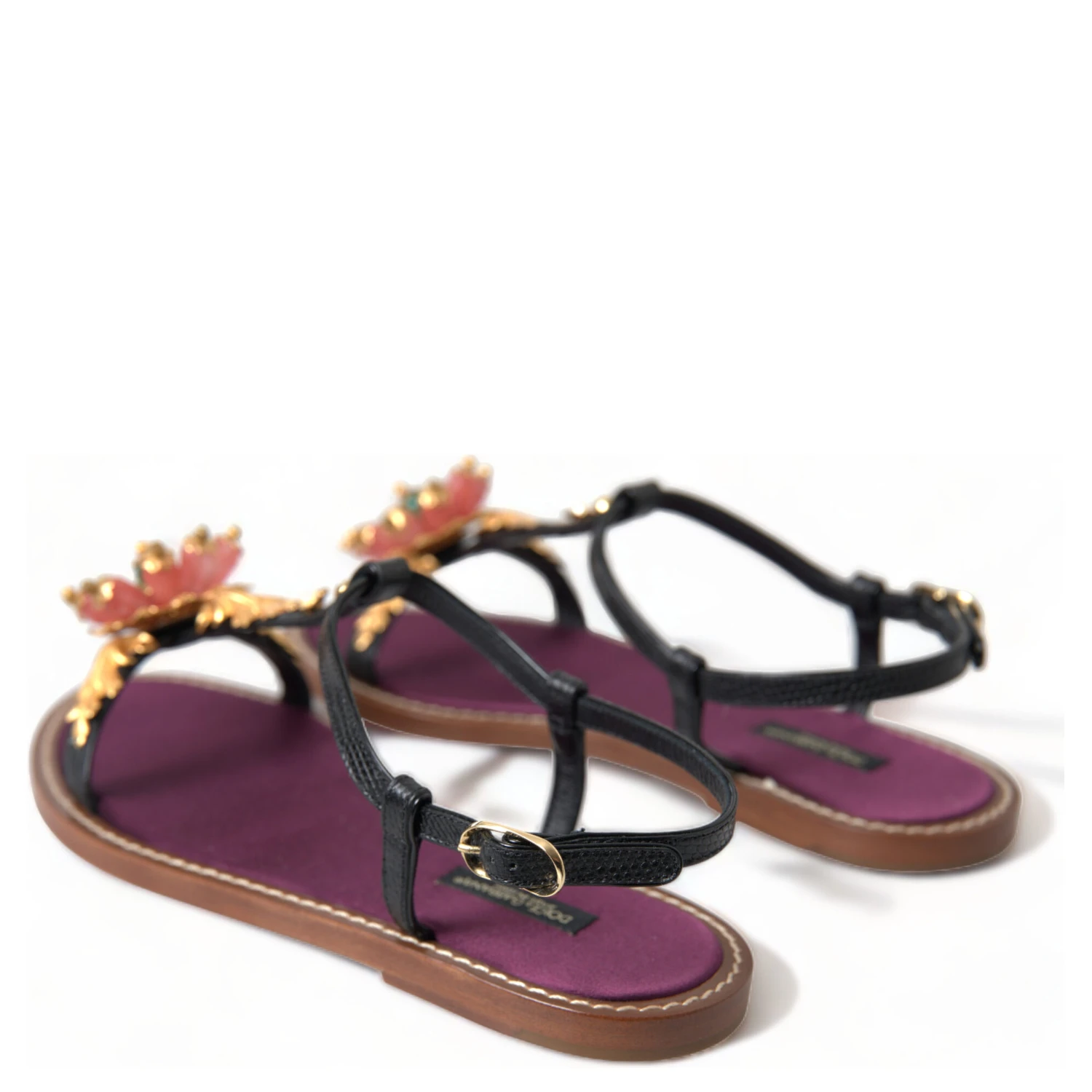 Black Crystal Gold Sandals Leather Shoes