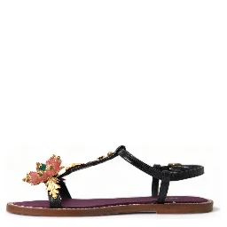 Black Crystal Gold Sandals Leather Shoes