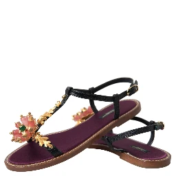 Black Crystal Gold Sandals Leather Shoes