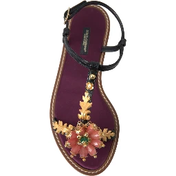 Black Crystal Gold Sandals Leather Shoes