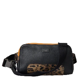 Black Exotic Leather Logo Belt Waist Fanny Pack Bag