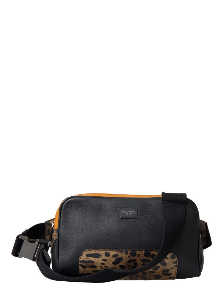 Black Exotic Leather Logo Belt Waist Fanny Pack Bag