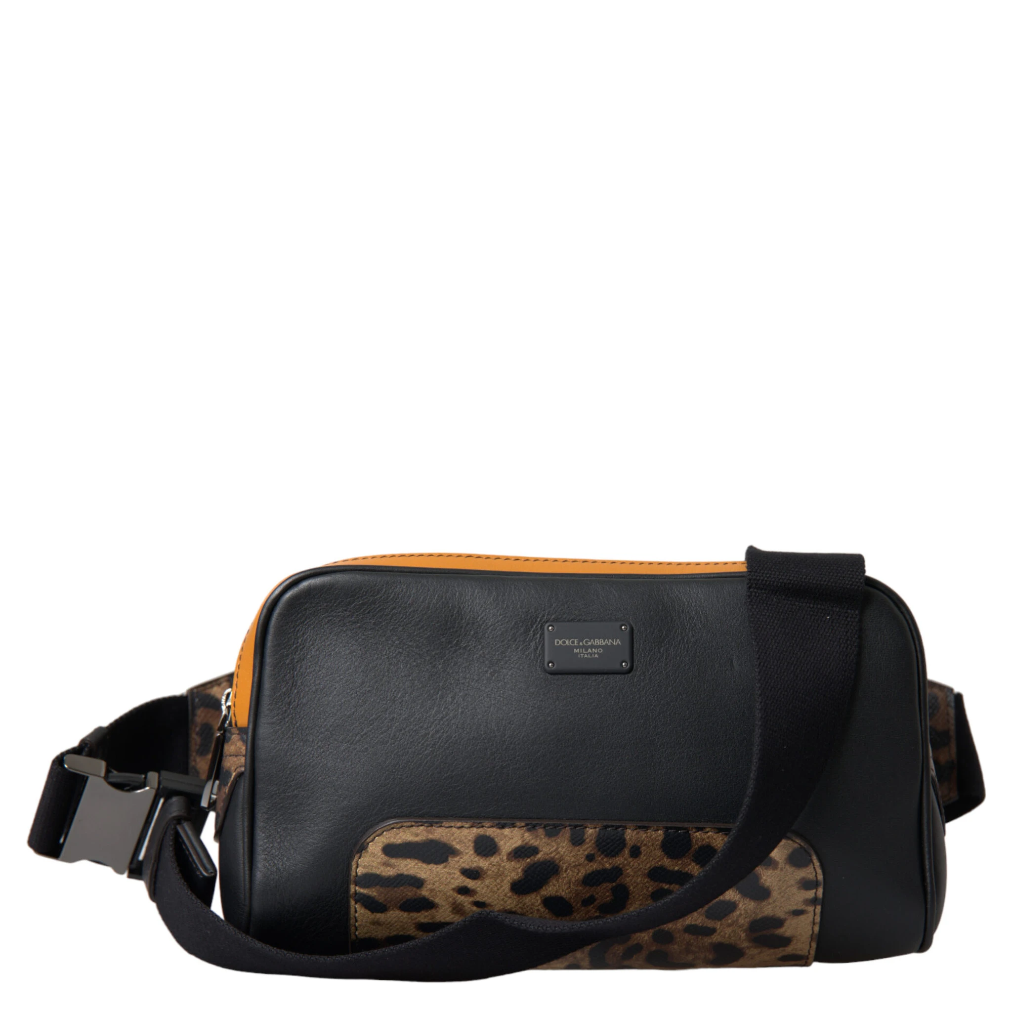 Black Exotic Leather Logo Belt Waist Fanny Pack Bag