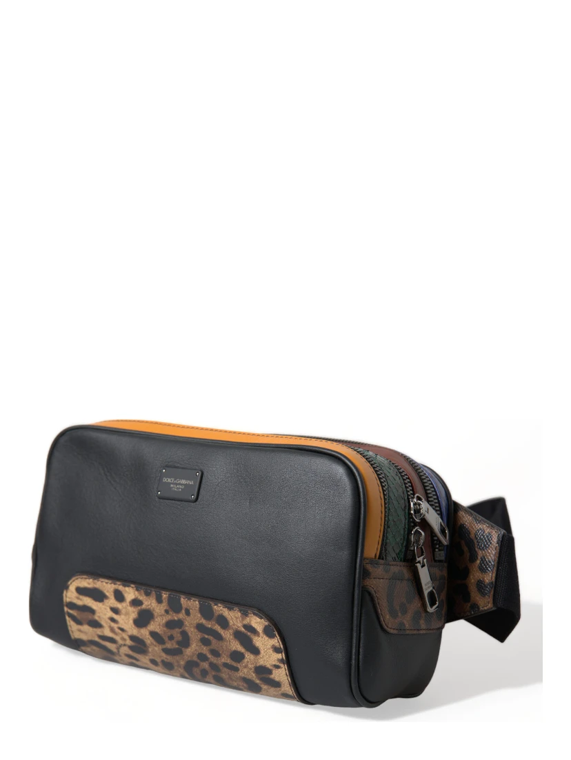 Black Exotic Leather Logo Belt Waist Fanny Pack Bag