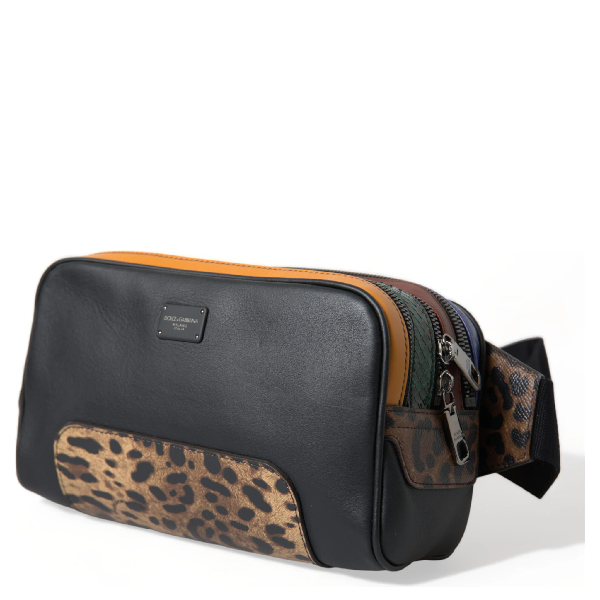 Black Exotic Leather Logo Belt Waist Fanny Pack Bag