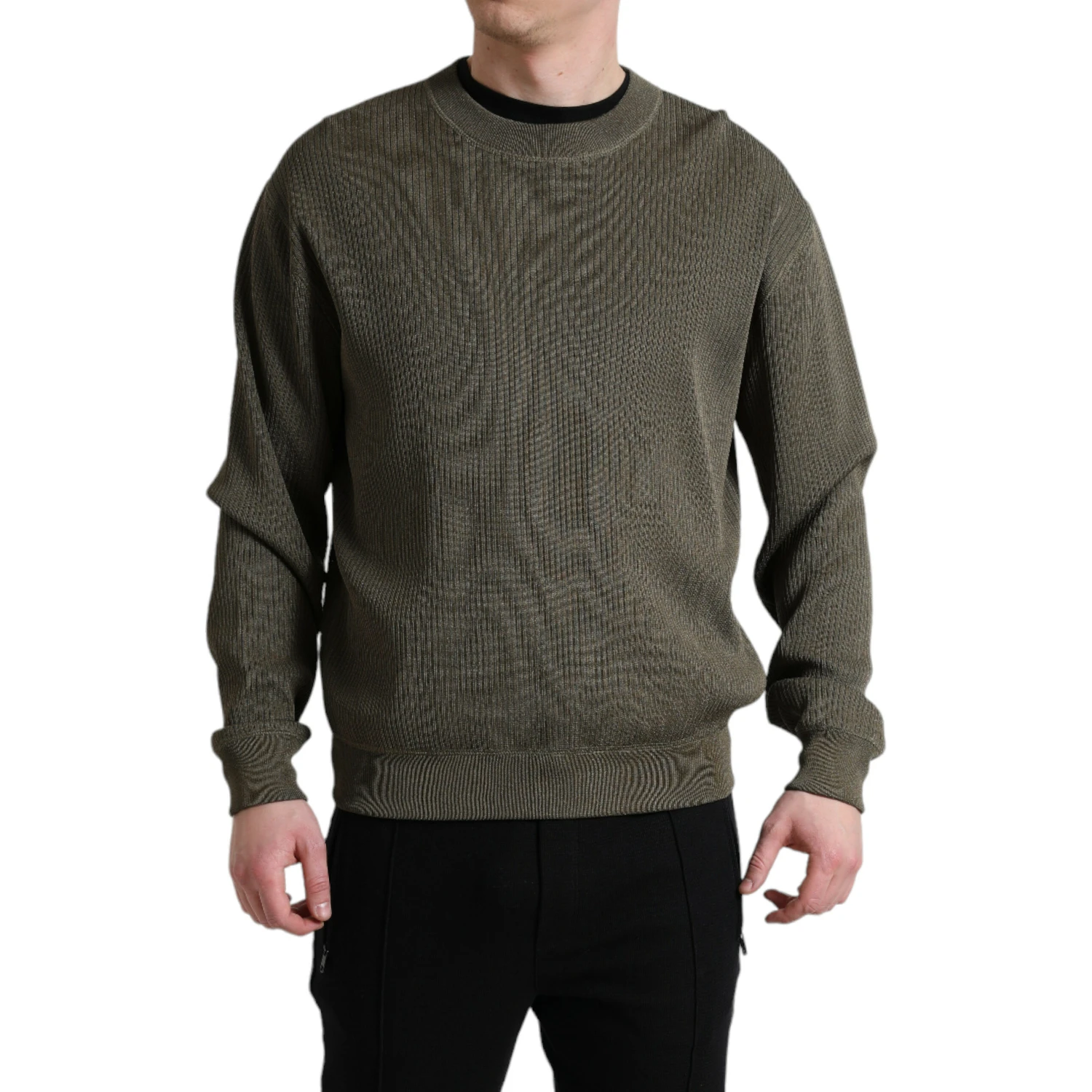 Green Viscose Crew Neck Men Pullover Sweater