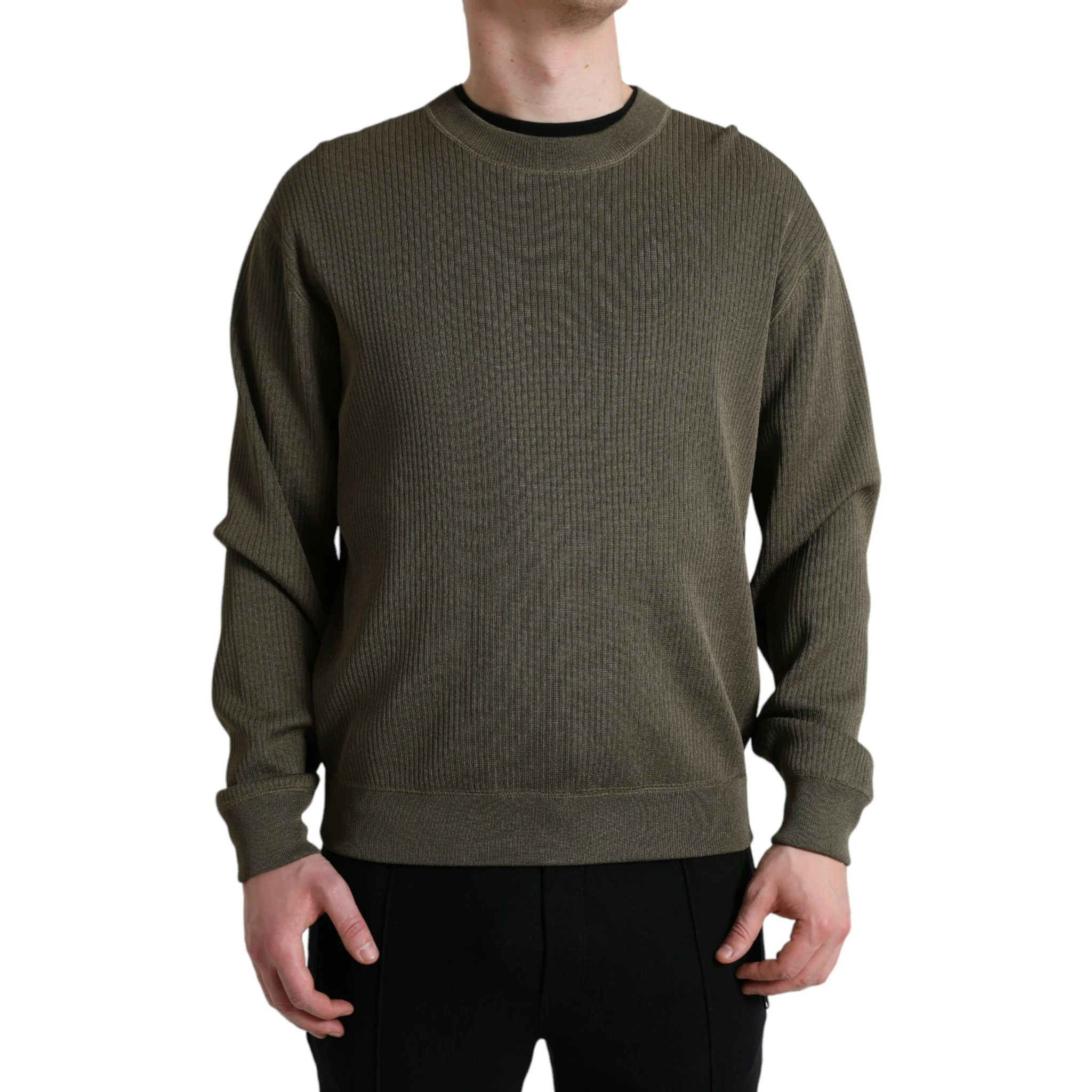 Green Viscose Crew Neck Men Pullover Sweater