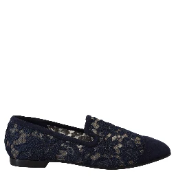 Blue Floral Lace Slip Ons Loafers Flats Shoes