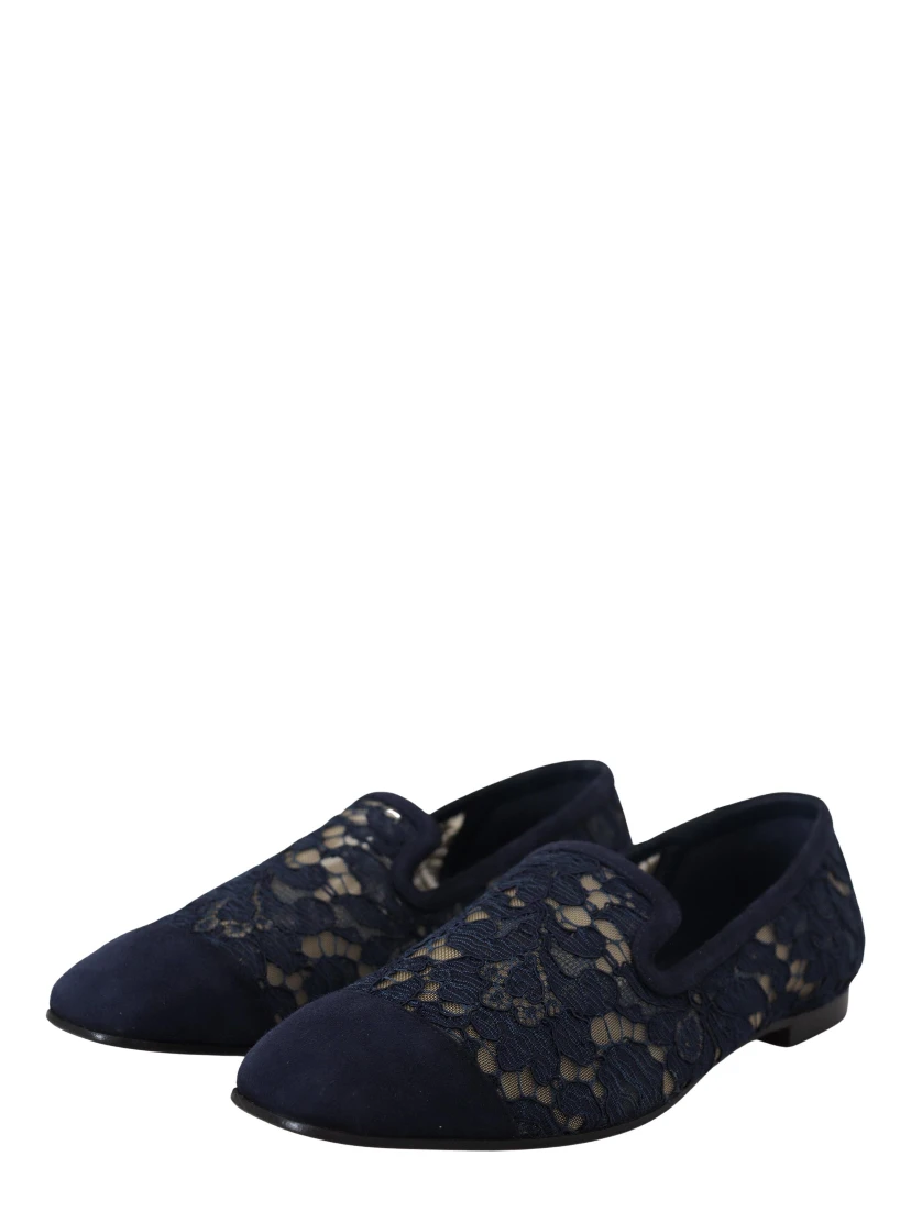 Blue Floral Lace Slip Ons Loafers Flats Shoes