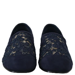 Blue Floral Lace Slip Ons Loafers Flats Shoes