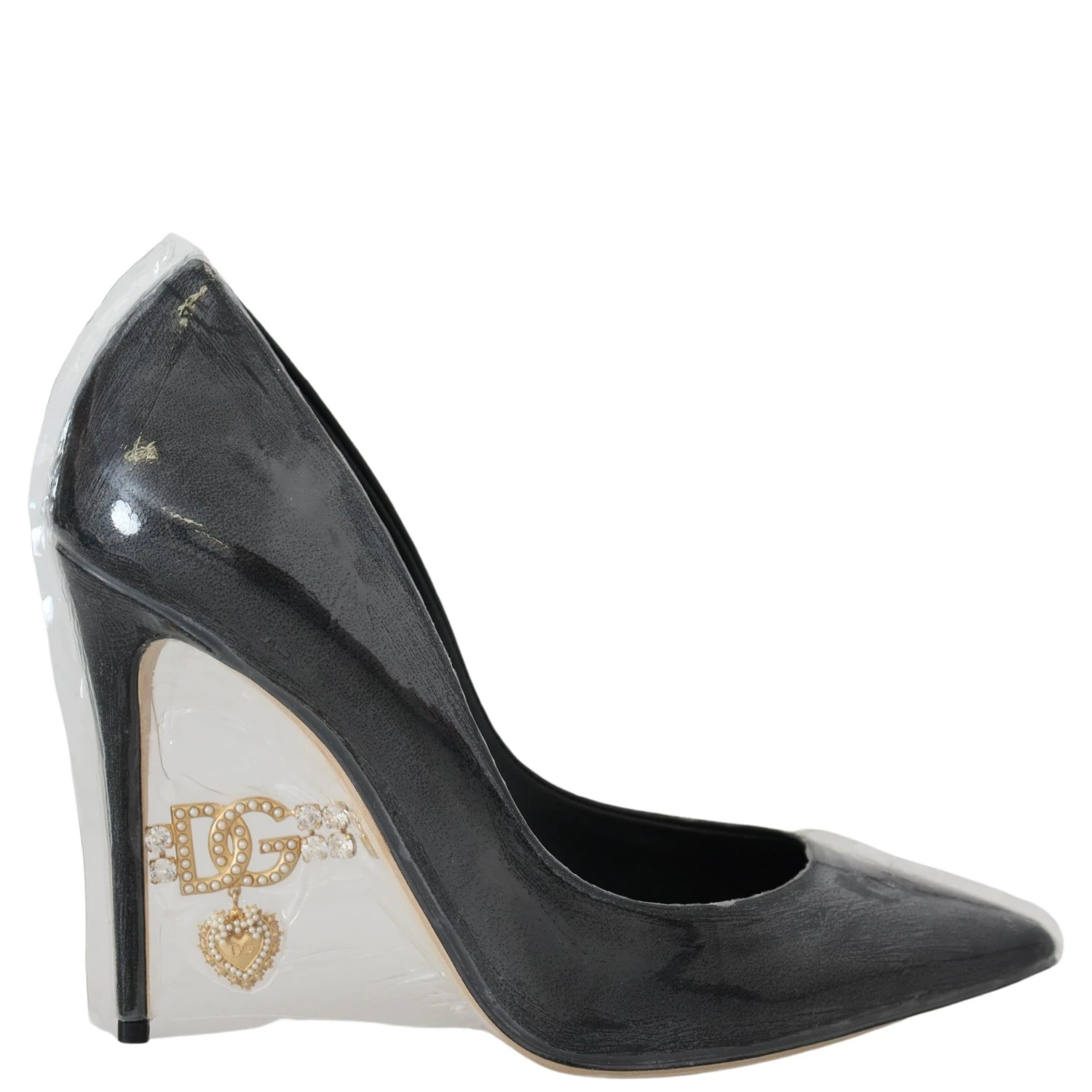 Black Leather Heels Pumps Plastic Wrapped Shoes