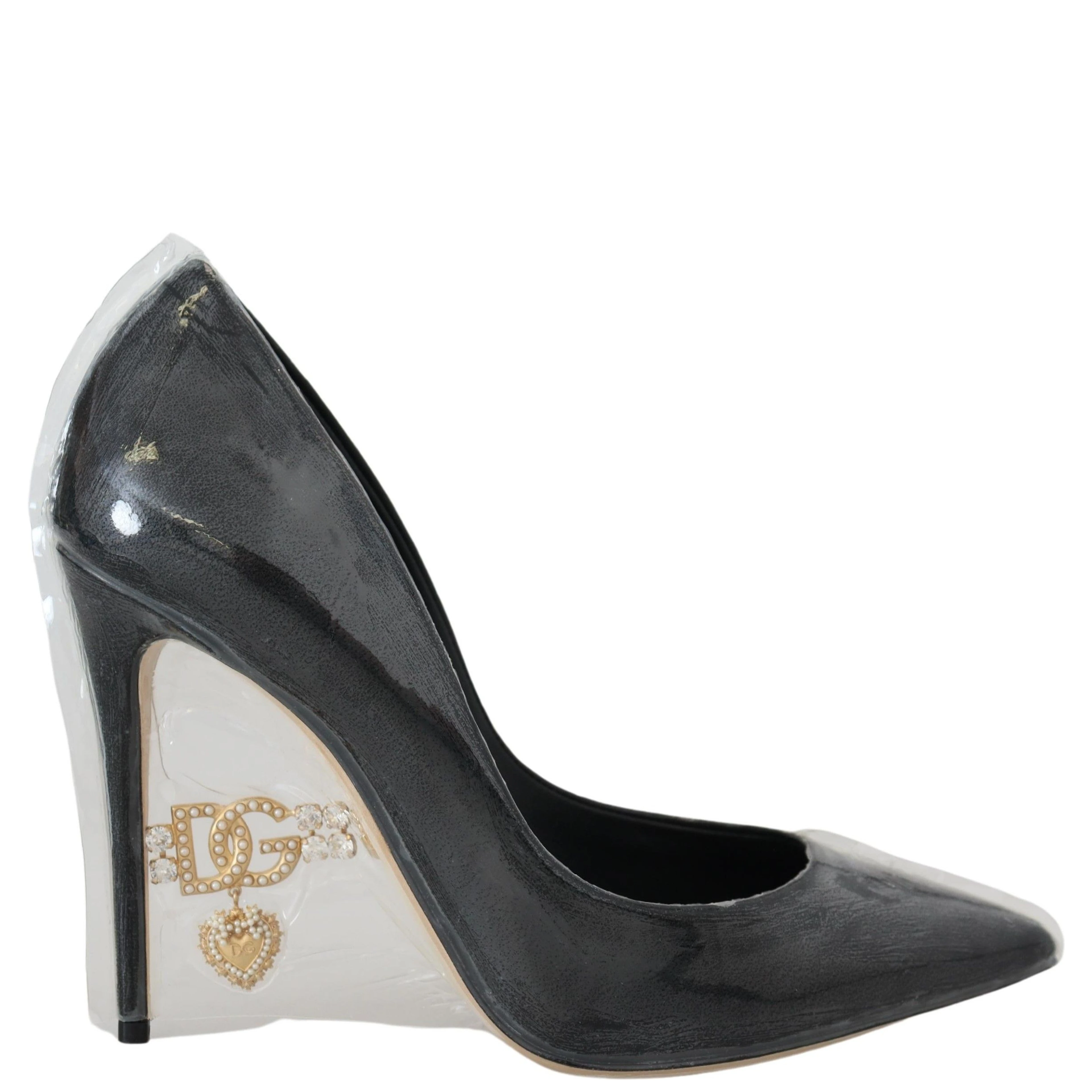 Black Leather Heels Pumps Plastic Wrapped Shoes