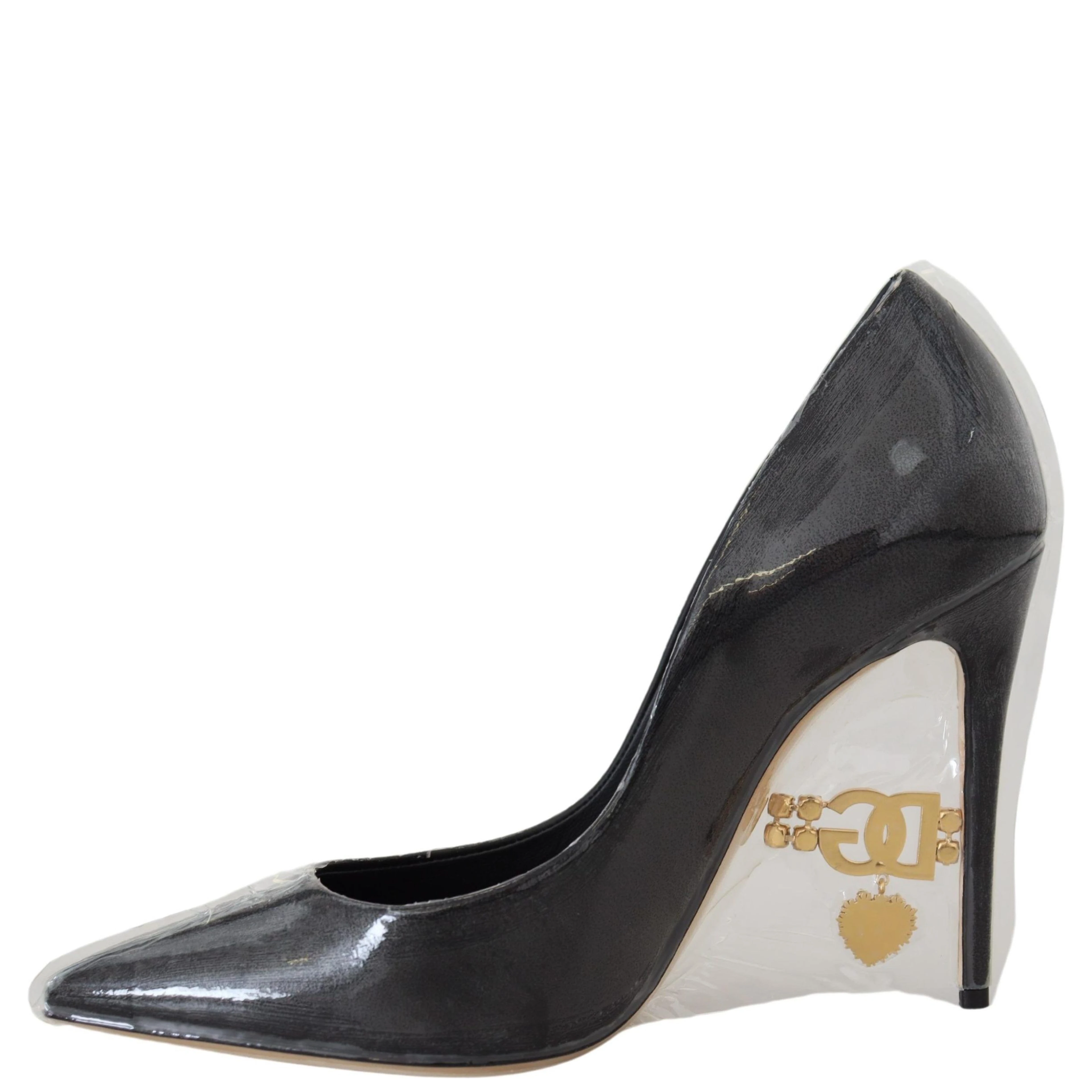 Black Leather Heels Pumps Plastic Wrapped Shoes