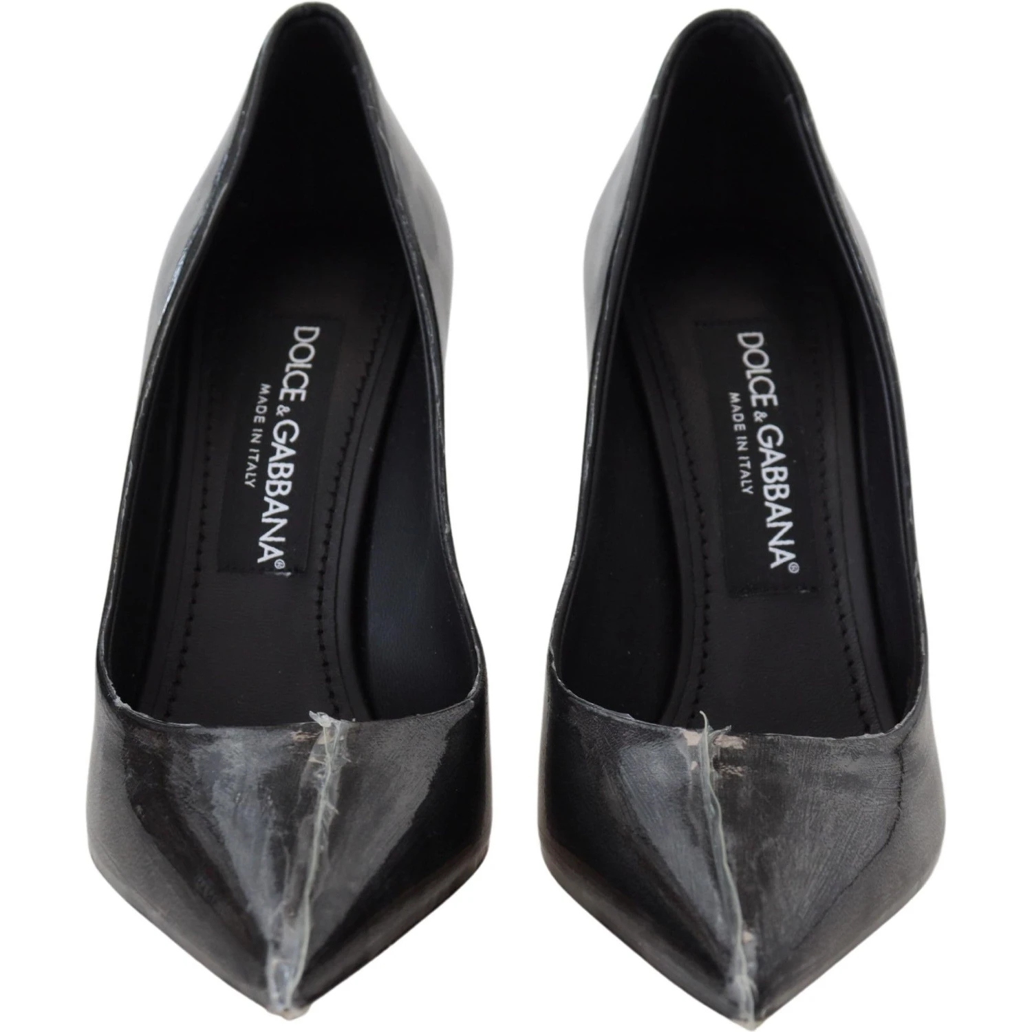 Black Leather Heels Pumps Plastic Wrapped Shoes