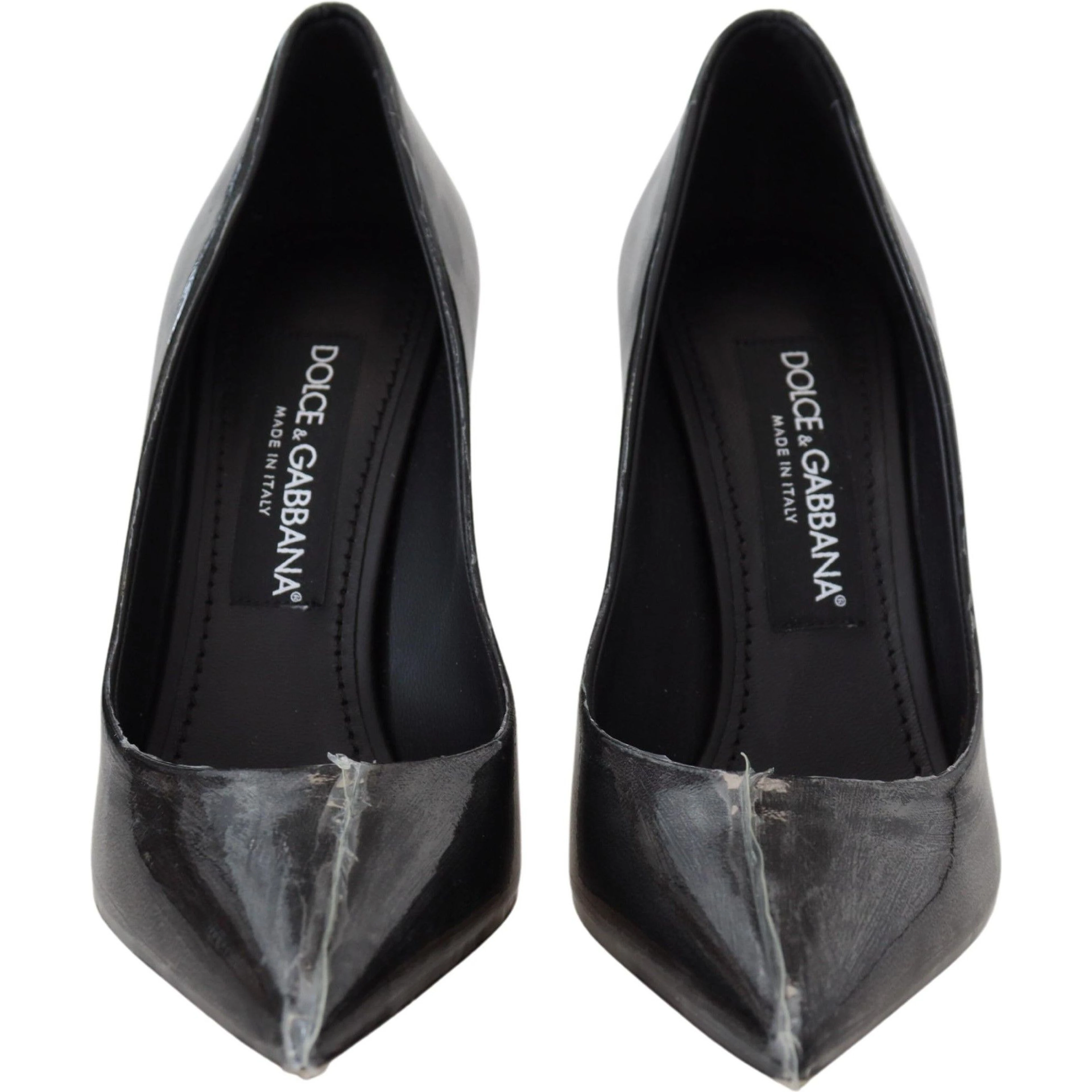Black Leather Heels Pumps Plastic Wrapped Shoes