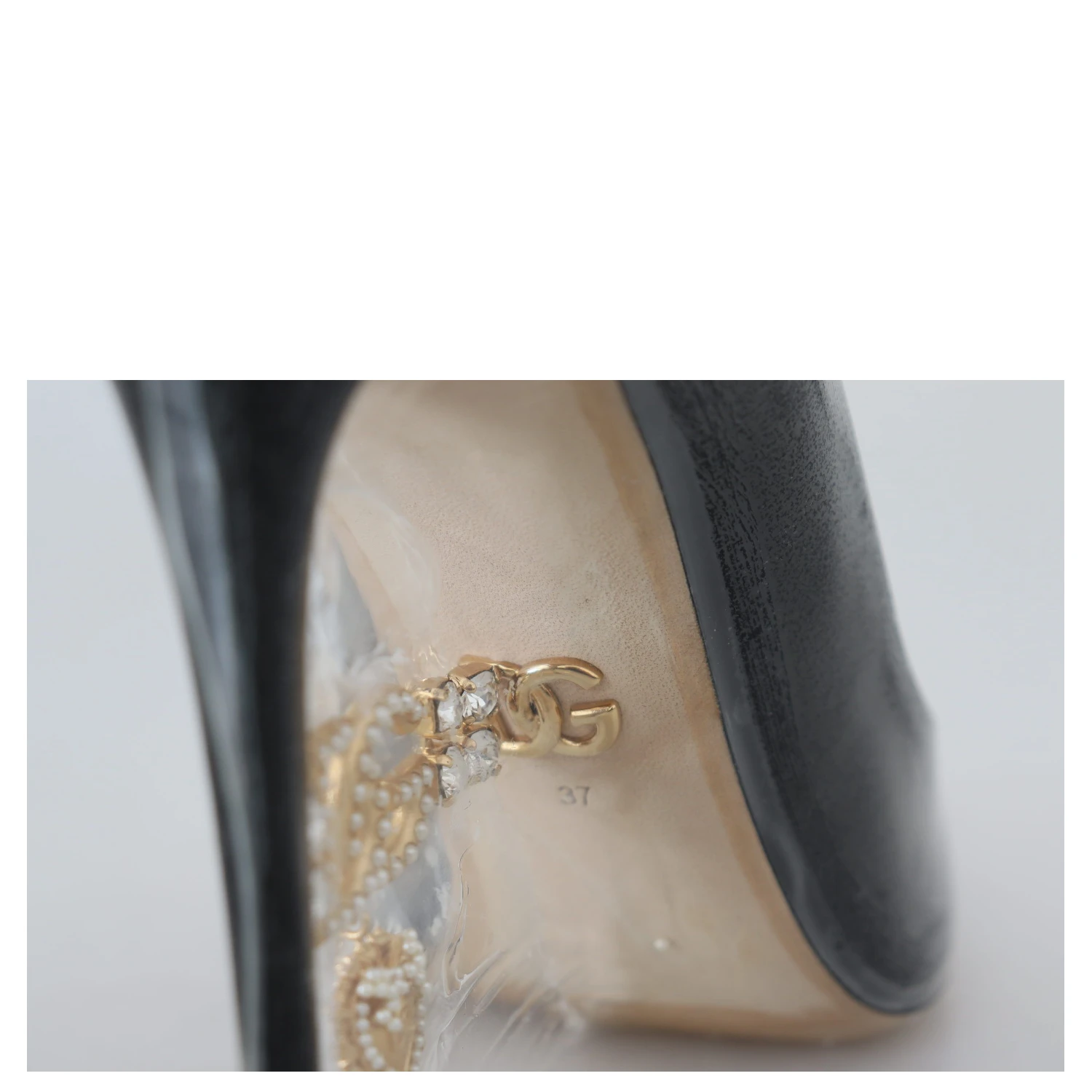 Black Leather Heels Pumps Plastic Wrapped Shoes