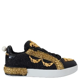 Black Gold Baroque Portofino Leather Sneakers Shoes