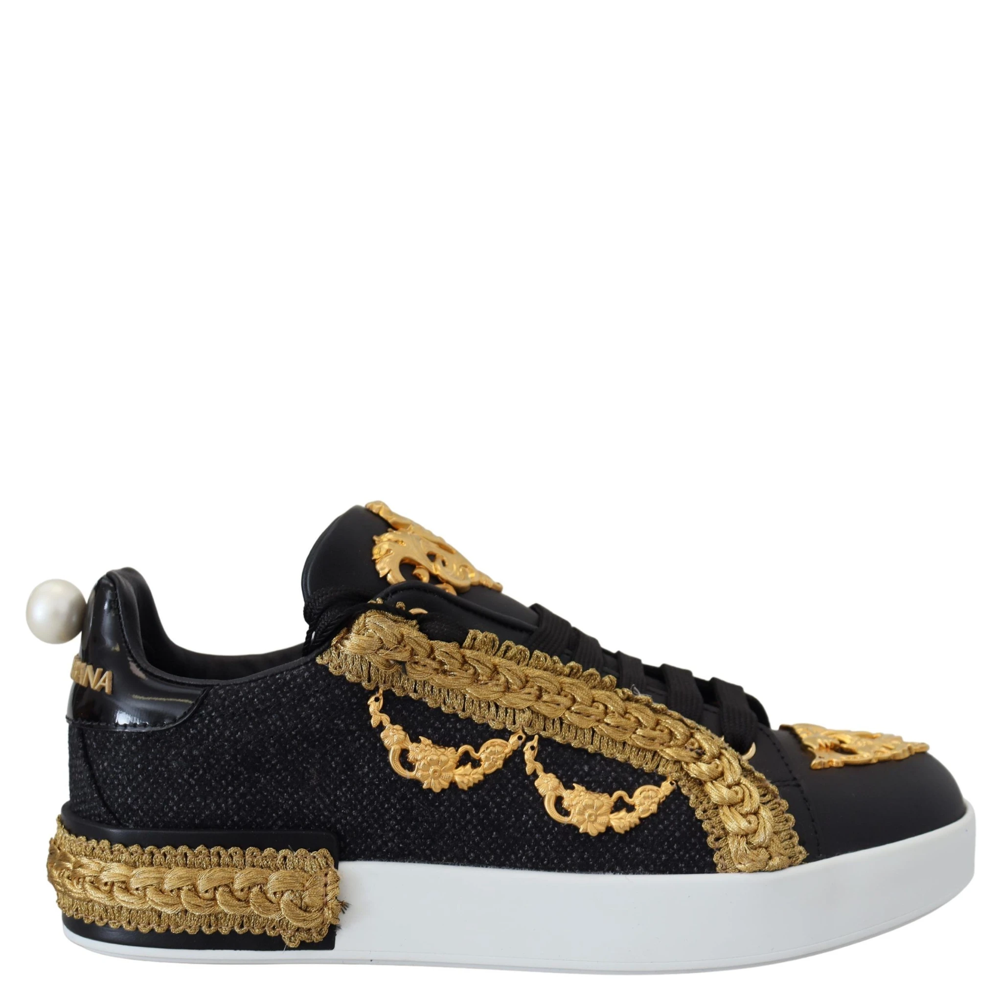 Black Gold Baroque Portofino Leather Sneakers Shoes
