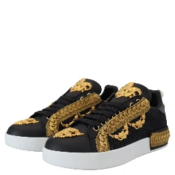 Black Gold Baroque Portofino Leather Sneakers Shoes