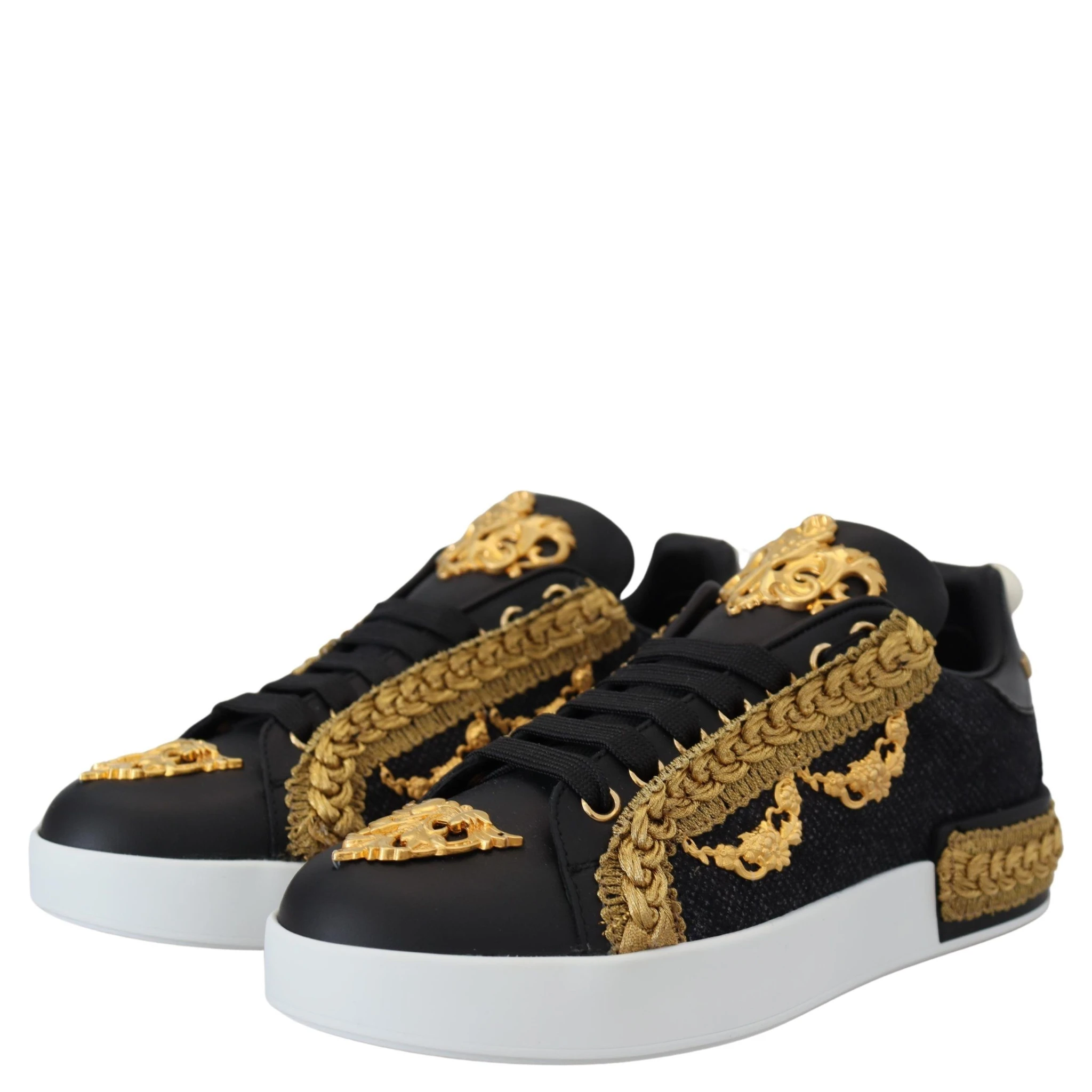 Black Gold Baroque Portofino Leather Sneakers Shoes